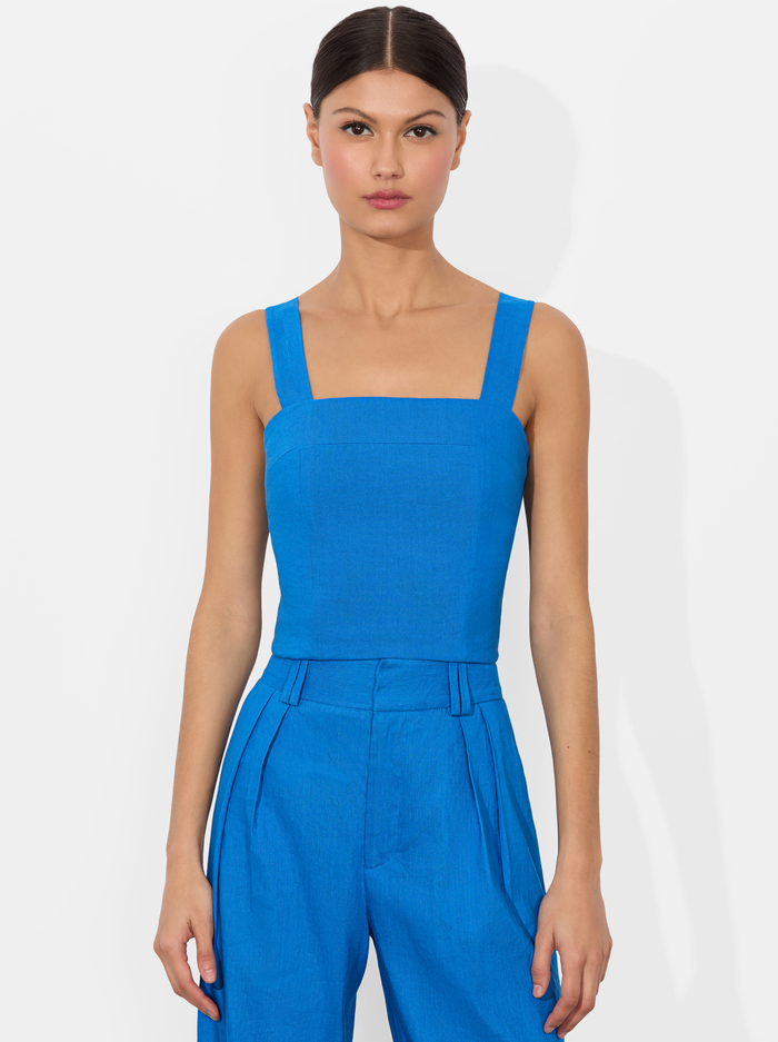 NATALIA LINEN LACE UP TOP - TRUE BLUE - Alice And Olivia