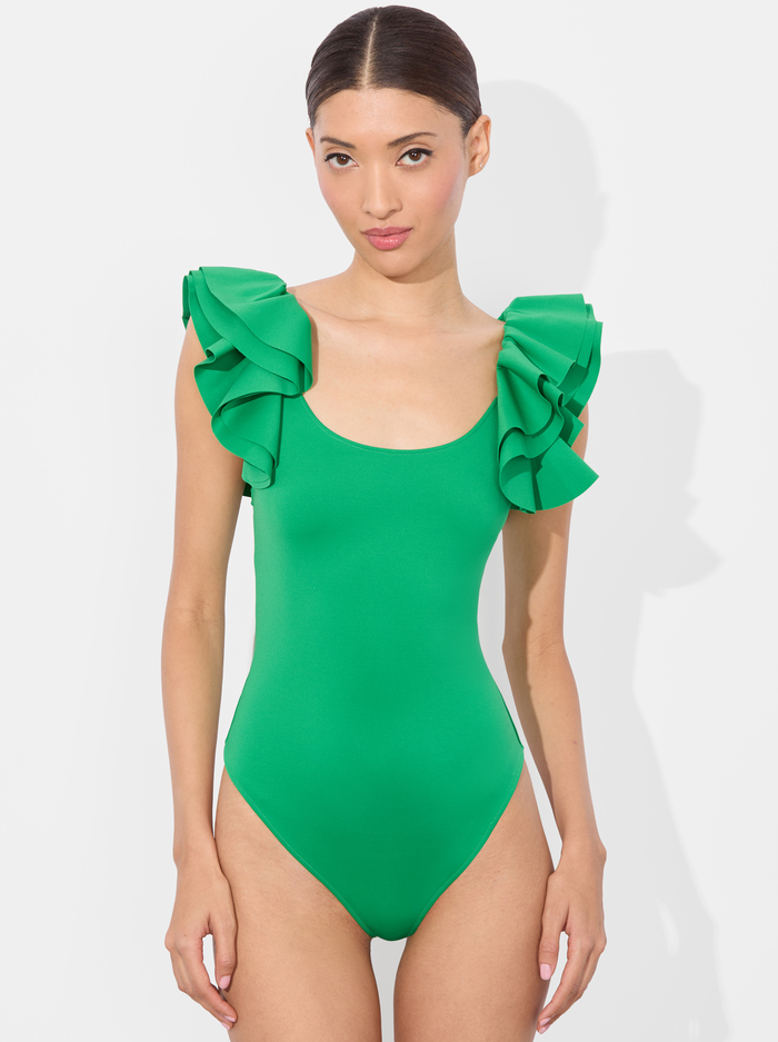 TAWNY RUFFLE BODYSUIT - LIGHT EMERALD - Alice And Olivia