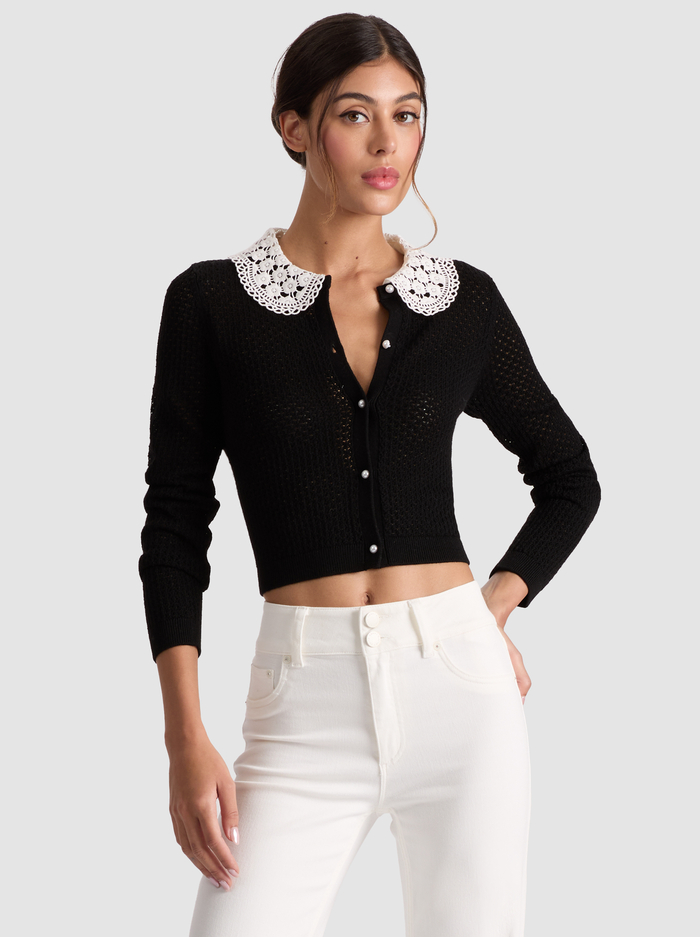 CARSON COLLARED CARDIGAN - BLACK/SOFT WHITE - Alice And Olivia