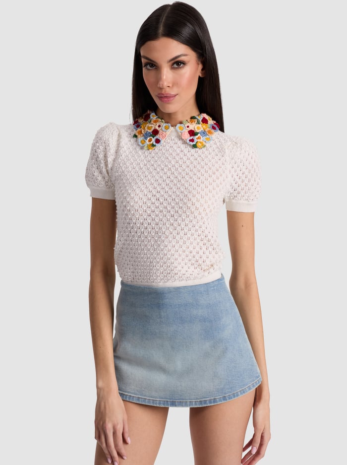 CHASE PUFF SLEEVE SWEATER - SOFT WHITE/MULTI - Alice And Olivia