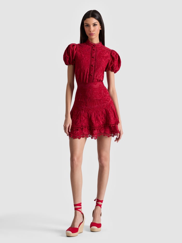 LORYN EMBROIDERED SHIRT DRESS - DARK CHERRY - Alice And Olivia