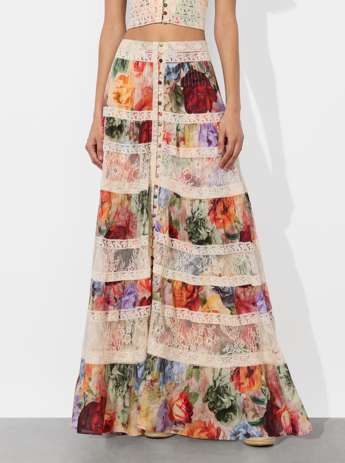 ADIRA TIERED MAXI SKIRT - STORM FLORAL SM - Alice And Olivia
