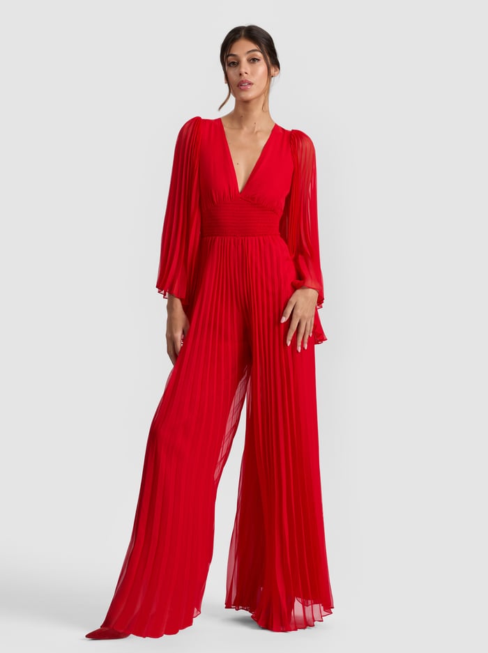 BENNET PLEATED JUMPSUIT - BRIGHT RUBY - Alice And Olivia
