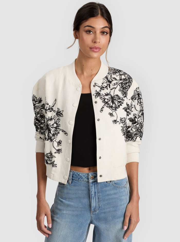 KERI VARSITY JACKET - BLOOMING WILD OFF WHITE - Alice And Olivia