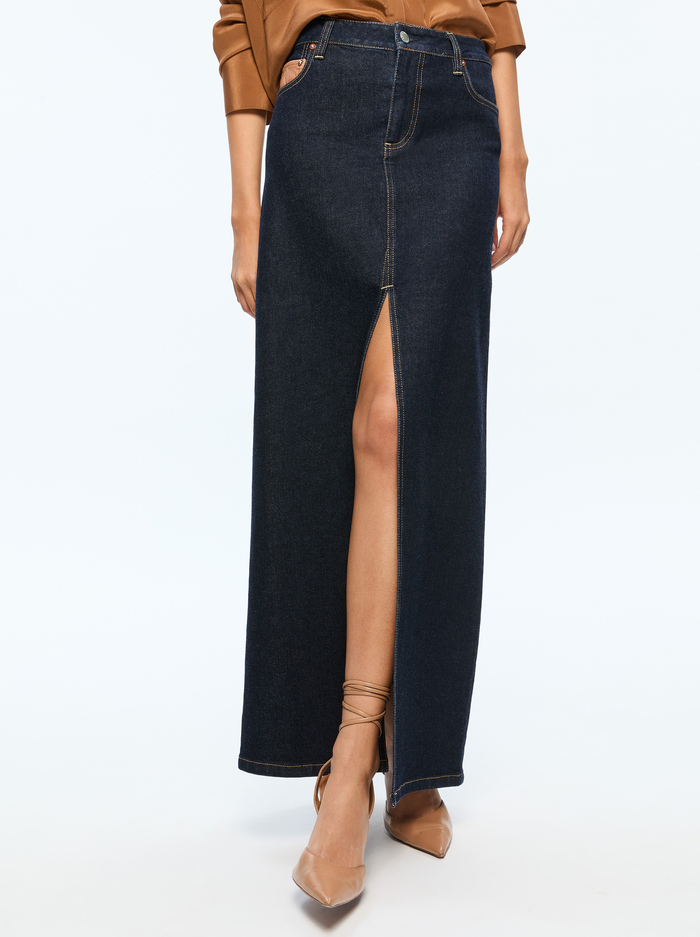 RYE HIGH RISE SKIRT WITH VEGAN COMBO - DARK RINSE - Alice And Olivia