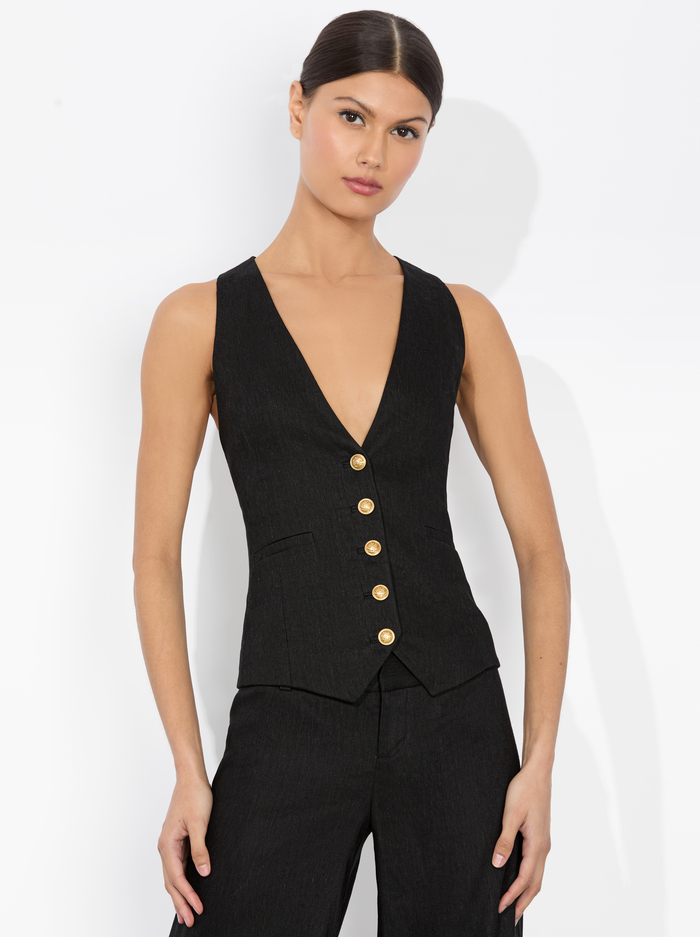 MAZIE LINEN VEST - BLACK - Alice And Olivia